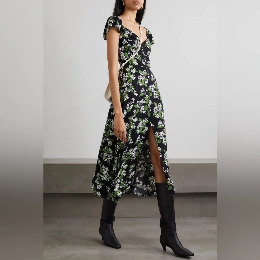 Reformation Baxley Floral Print Crepe De Chine Midi Dress Size 4